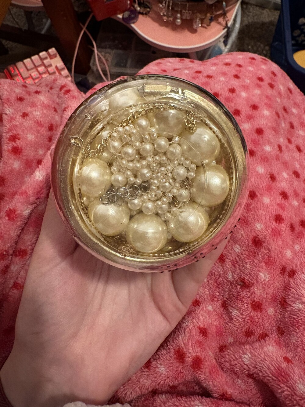 Glass Jar with Assorted Faux Pearl and Gold-Tone Costume Jewelry Lot